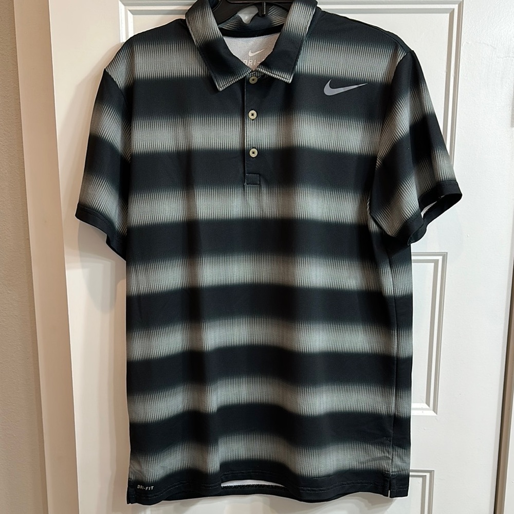 Nike Men's Black and Gray Striped Polo Shirt